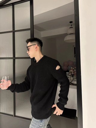 Black Ribbed Crew Neck Sweater with Elbow Cutouts view 5