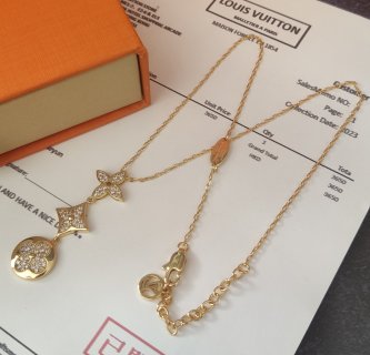Louis Vuitton Gold Triple Flower Crystal Pendant Necklace