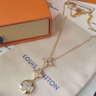 Louis Vuitton Gold Triple Flower Crystal Pendant Necklace view 2