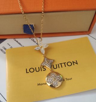 Louis Vuitton Gold Triple Flower Crystal Pendant Necklace view 9