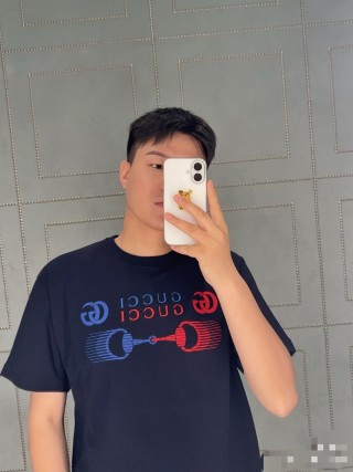 Black Graphic Print Short Sleeve T-Shirt with Blue & Red Design view 4