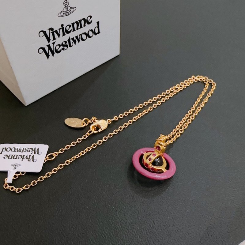 Vivienne Westwood Saturn Pink Pendant Gold Chain Necklace