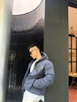 Moncler Navy Down Jacket with Chest Pocket view 4