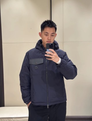 Moncler Navy Down Jacket with Chest Pocket view 6