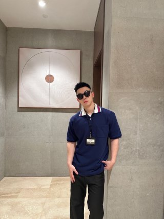 Navy Blue Polo Shirt with Striped Collar view 4