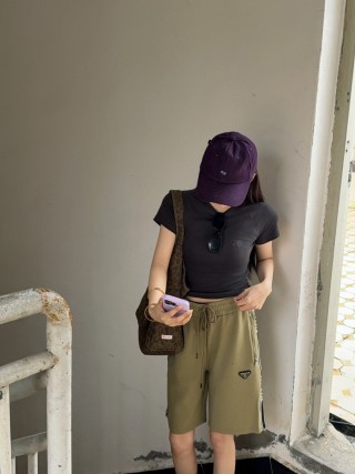 Prada Khaki Track Shorts with Side Stripe view 4