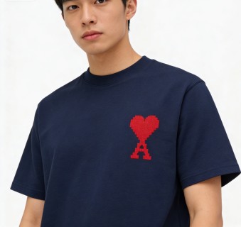 Ami Paris Navy Heart Logo T-Shirt Red