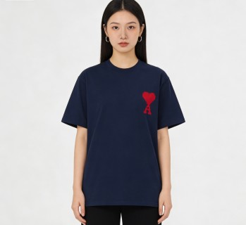Ami Paris Navy Heart Logo T-Shirt Red view 2