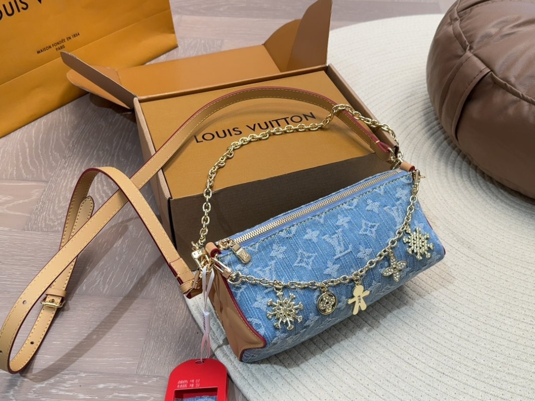 Louis Vuitton Denim Blue Chain Shoulder Bag with Charm Accents