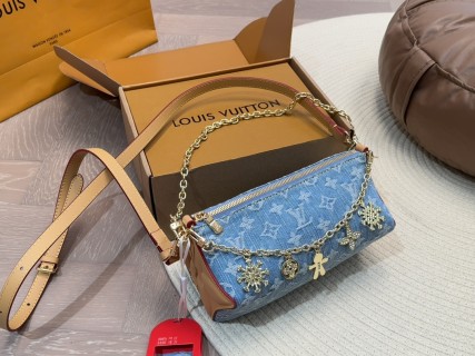Louis Vuitton Denim Blue Chain Shoulder Bag with Charm Accents