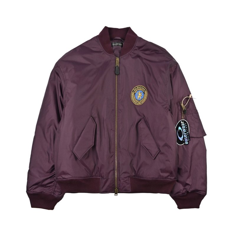 Burgundy Nylon Bomber Jacket with Chest Patch view