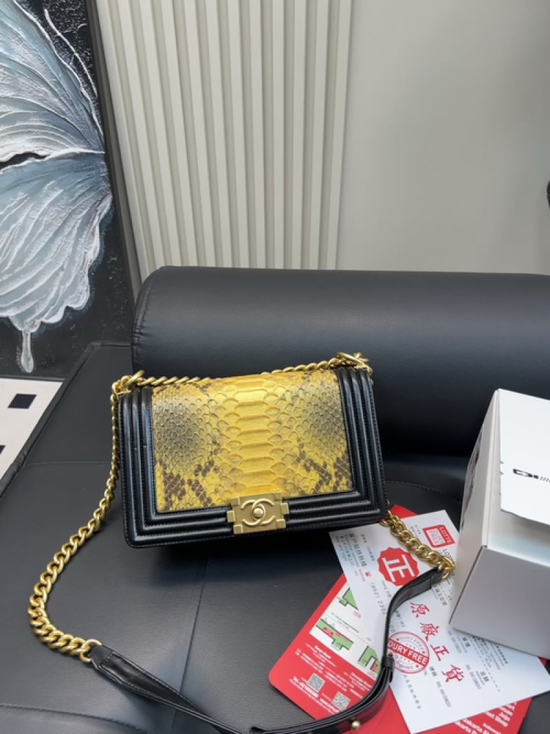 Chanel Boy Bag Yellow Python Black Leather Gold Chain