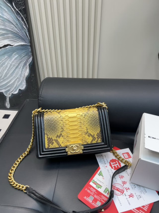 Chanel Boy Bag Yellow Python Black Leather Gold Chain