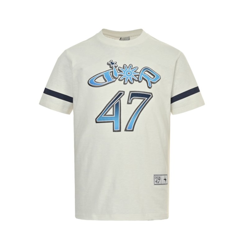 White Graphic Print Short Sleeve T-Shirt with Blue Embroidery view
