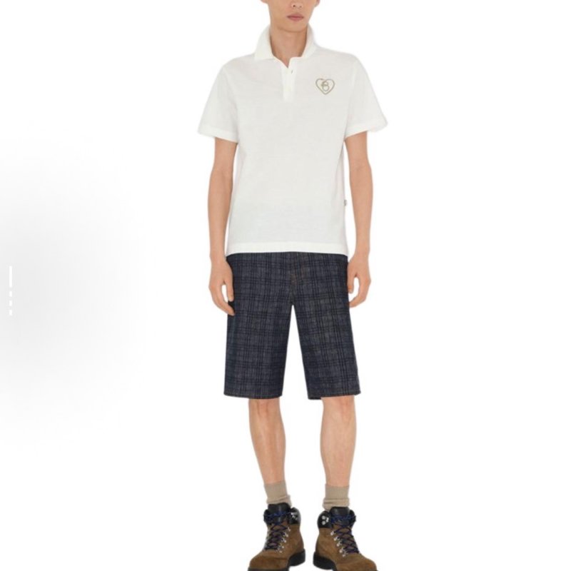 White Short Sleeve Polo Shirt with Heart Embroidery