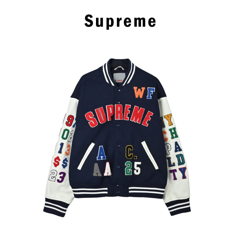 Navy & Cream Varsity Bomber Jacket with Colorful Embroidered Sleeves view