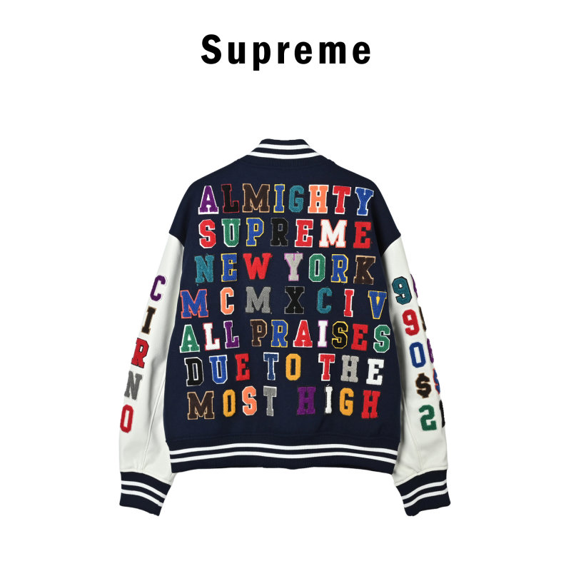 Navy & Cream Varsity Bomber Jacket with Colorful Embroidered Sleeves view