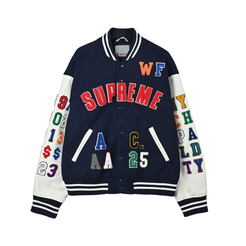 Navy & Cream Varsity Bomber Jacket with Colorful Embroidered Sleeves view