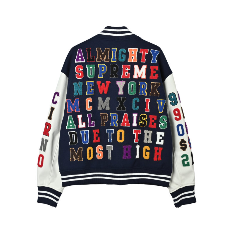 Navy & Cream Varsity Bomber Jacket with Colorful Embroidered Sleeves view