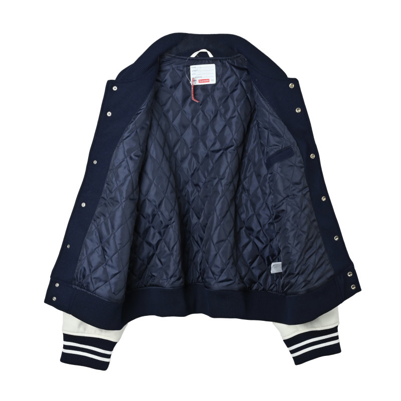 Navy & Cream Varsity Bomber Jacket with Colorful Embroidered Sleeves view