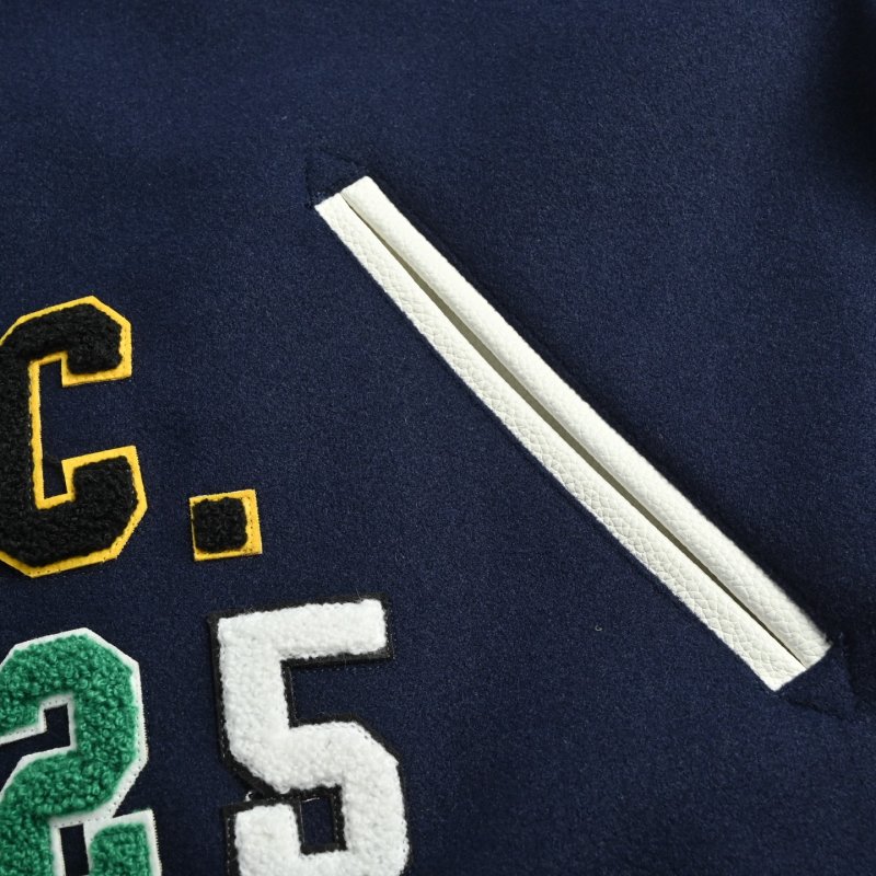 Navy & Cream Varsity Bomber Jacket with Colorful Embroidered Sleeves view