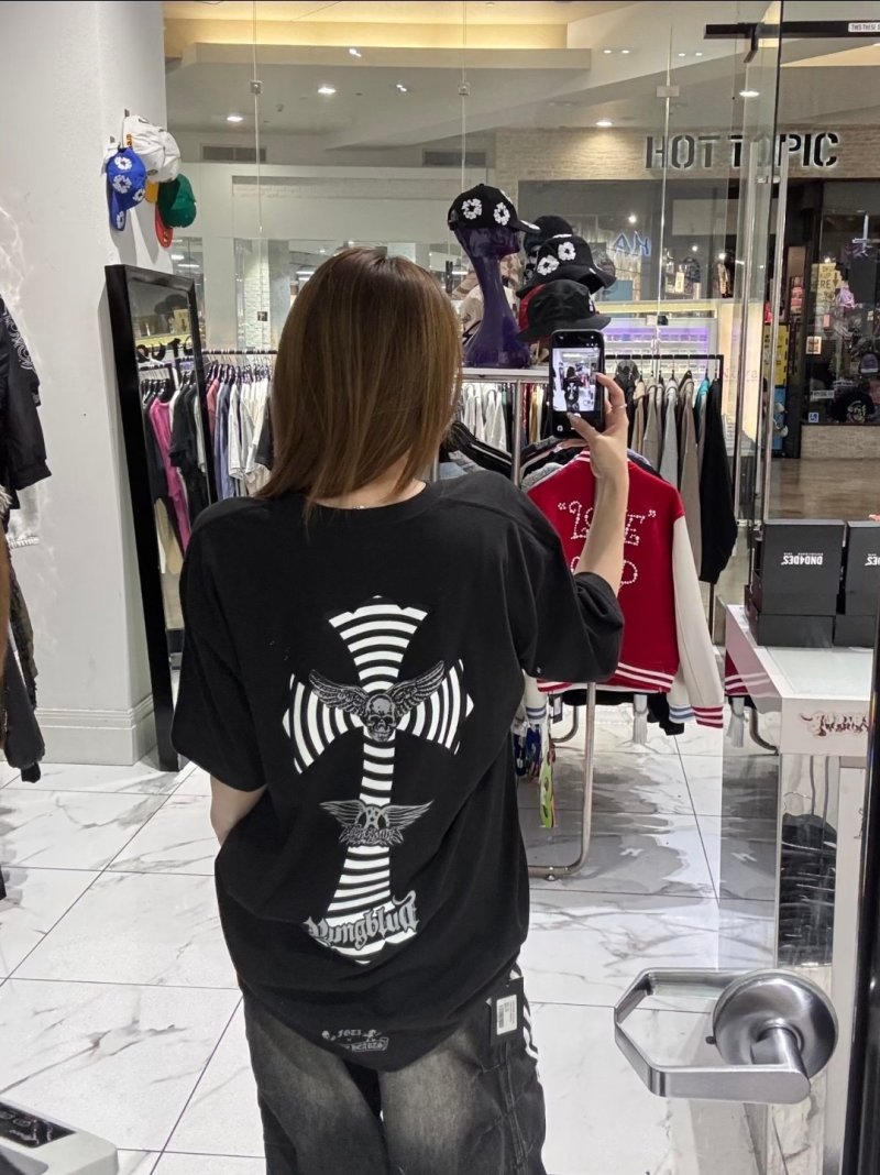 Black Graphic Skull Wings T-Shirt with Hypnotic Stripes view