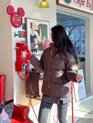 Brown Quilted Down Puffer Jacket with Hood view 6