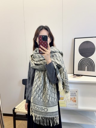 Dior Geometric Jacquard Cashmere Scarf - Charcoal & Cream view 2