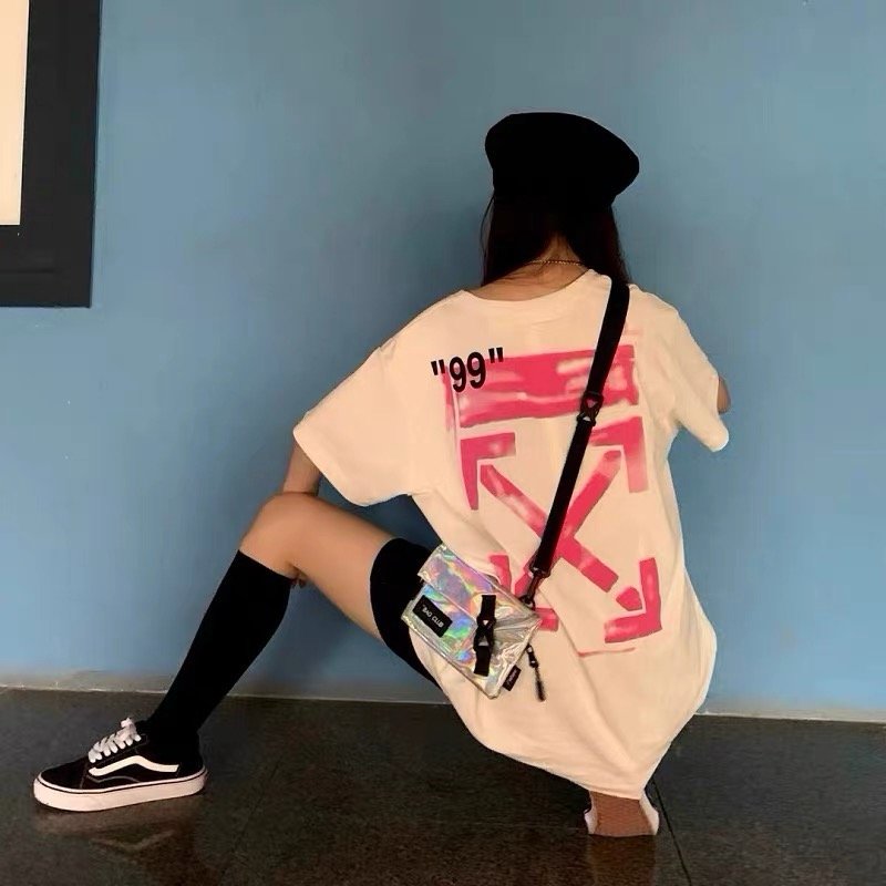 White Oversized T-Shirt with Pink '99' Graphic Print view
