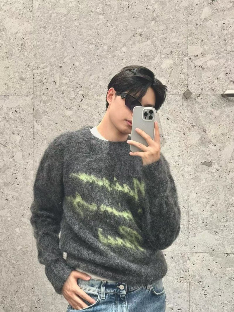 Charcoal Fuzzy Crew Neck Sweater with Yellow Graphic Print