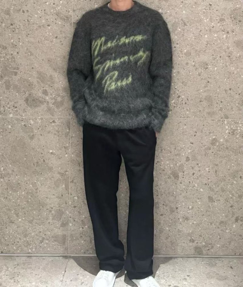 Charcoal Fuzzy Crew Neck Sweater with Yellow Graphic Print view