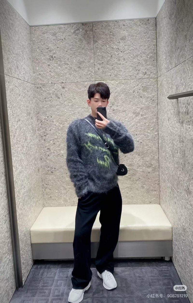 Charcoal Fuzzy Crew Neck Sweater with Yellow Graphic Print view