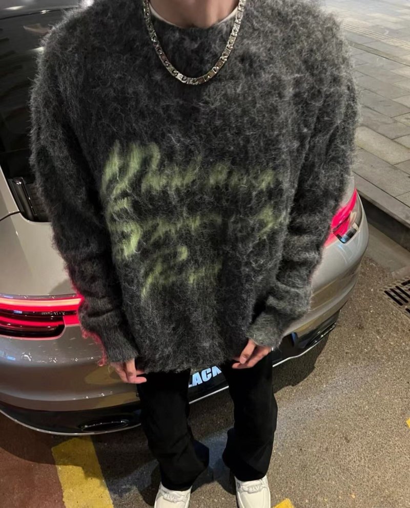 Charcoal Fuzzy Crew Neck Sweater with Yellow Graphic Print view