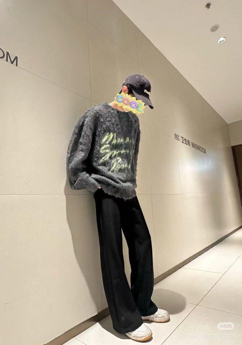 Charcoal Fuzzy Crew Neck Sweater with Yellow Graphic Print view