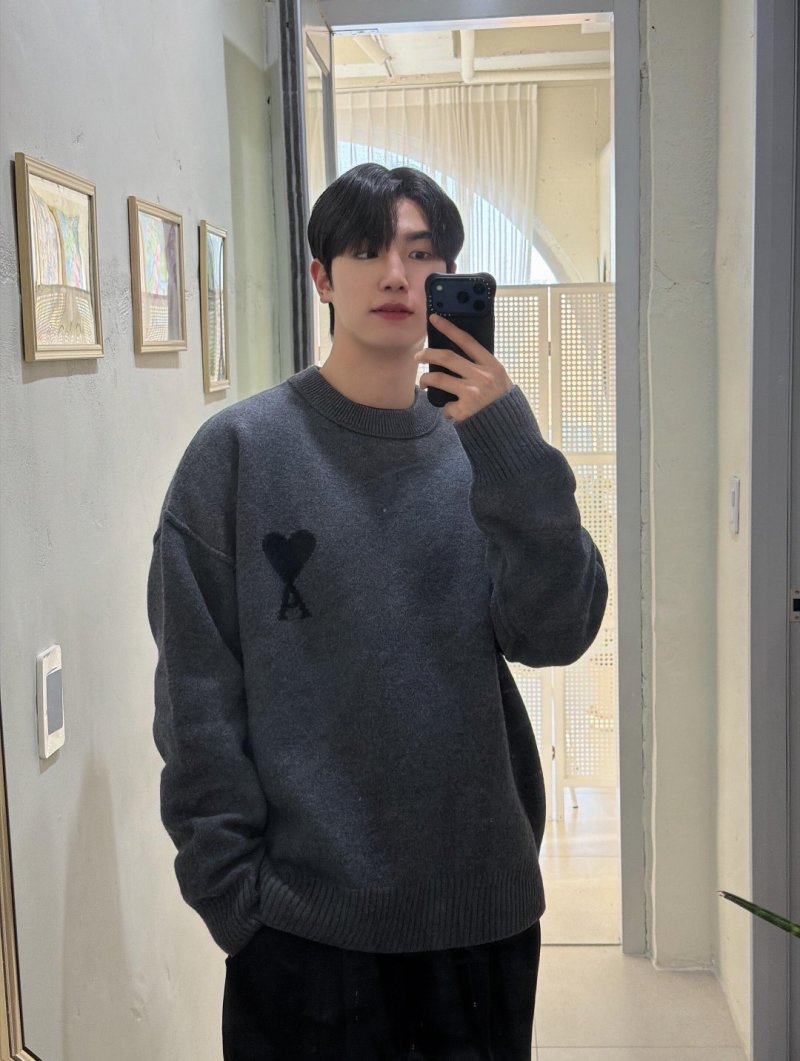 Charcoal Gray Heart Embroidered Crewneck Sweater