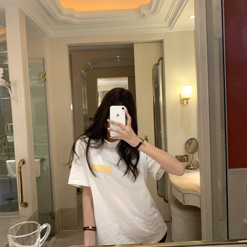 White Short Sleeve T-Shirt with Yellow Chest Print
