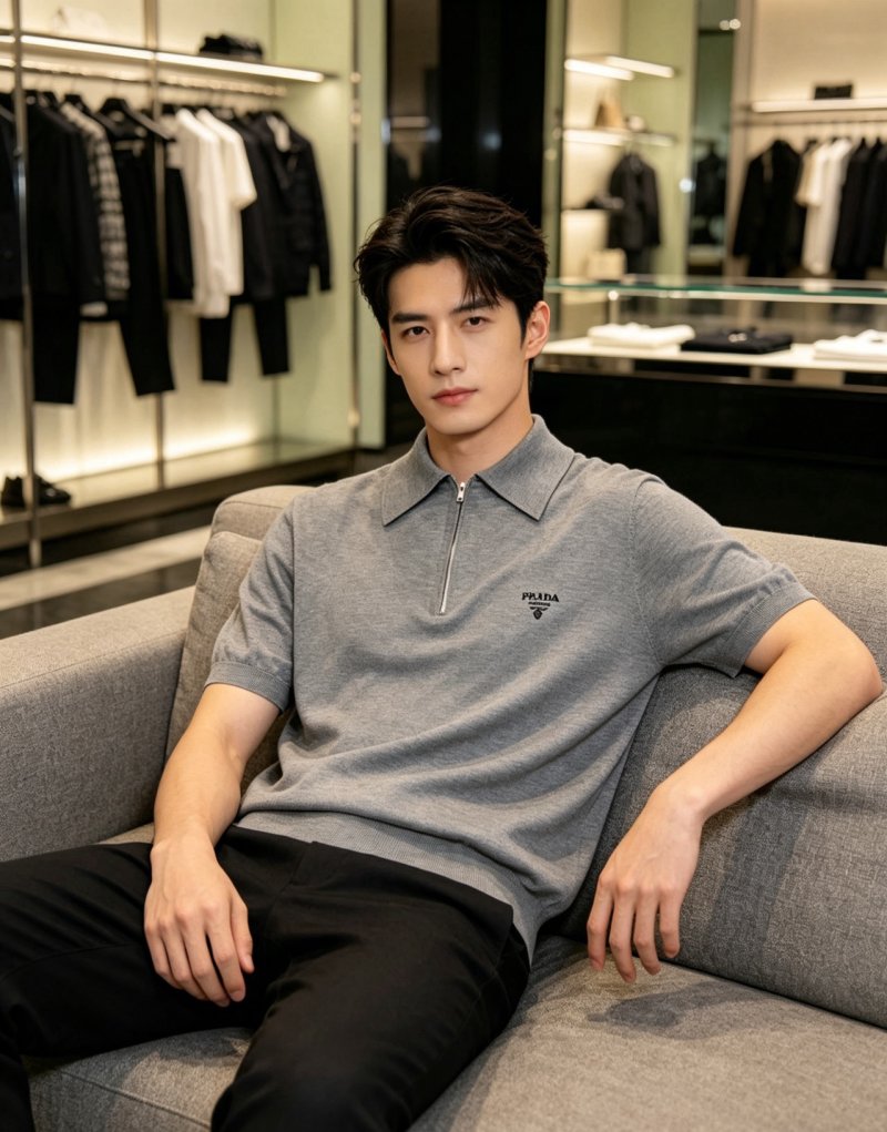 Prada Grey Knit Polo Shirt view