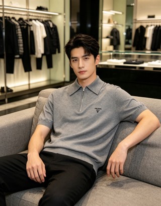 Prada Grey Knit Polo Shirt view 4