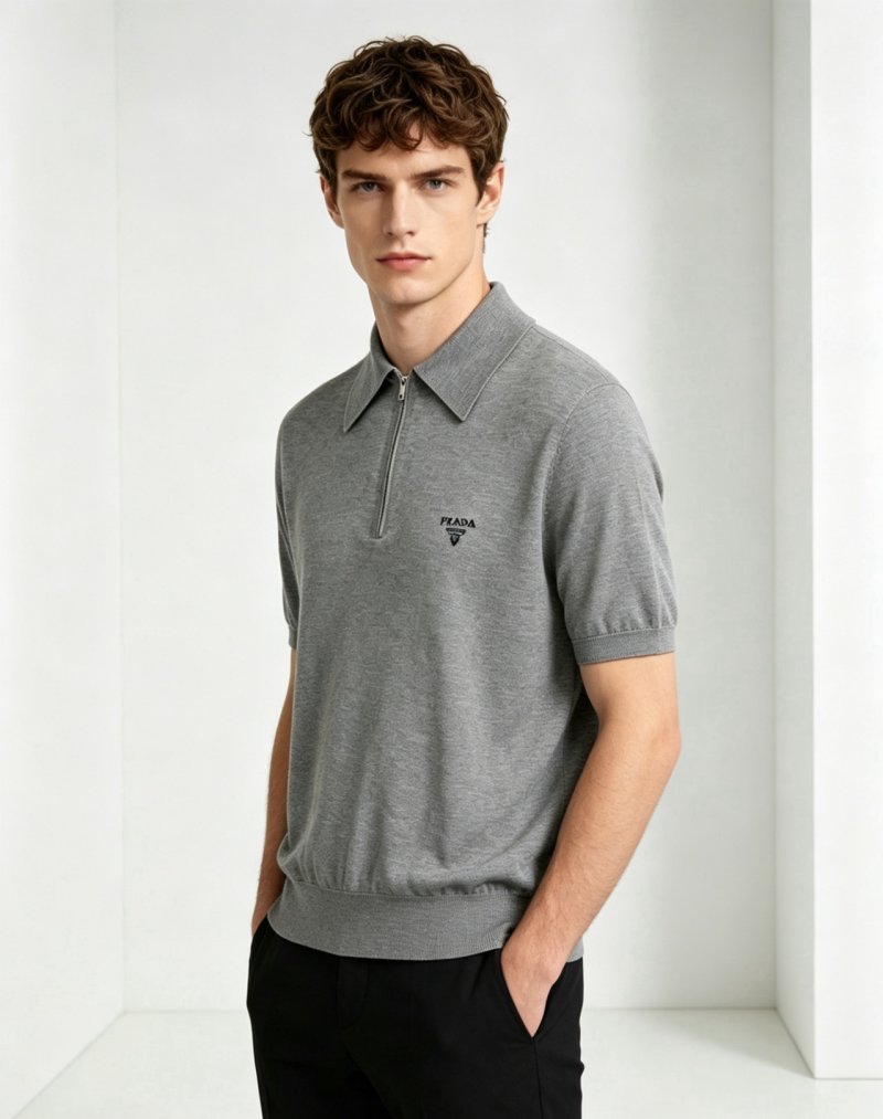 Prada Grey Knit Polo Shirt view