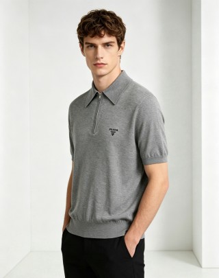 Prada Grey Knit Polo Shirt view 8