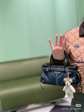 Prada Bonnie Mini Denim & Leather Crossbody Bag Navy view 3