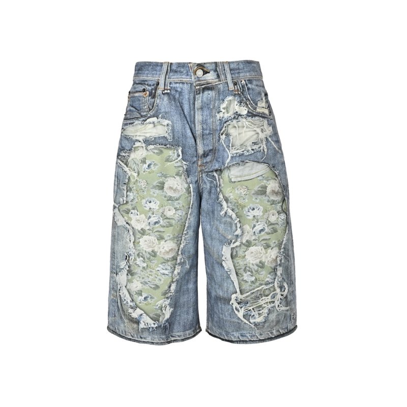Distressed Denim Shorts with Camo Patchwork - Blue view