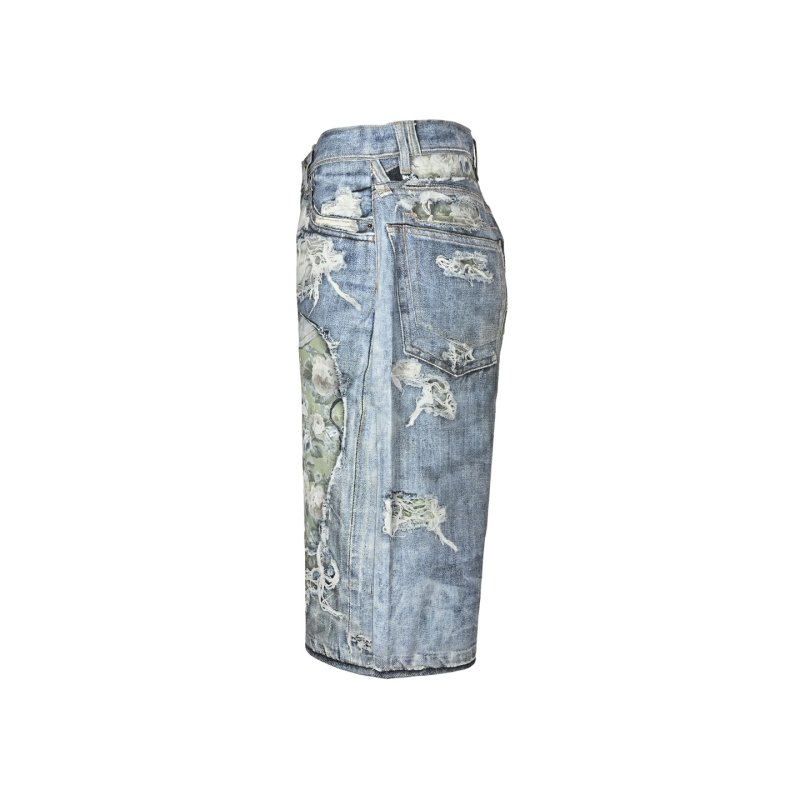 Distressed Denim Shorts with Camo Patchwork - Blue view