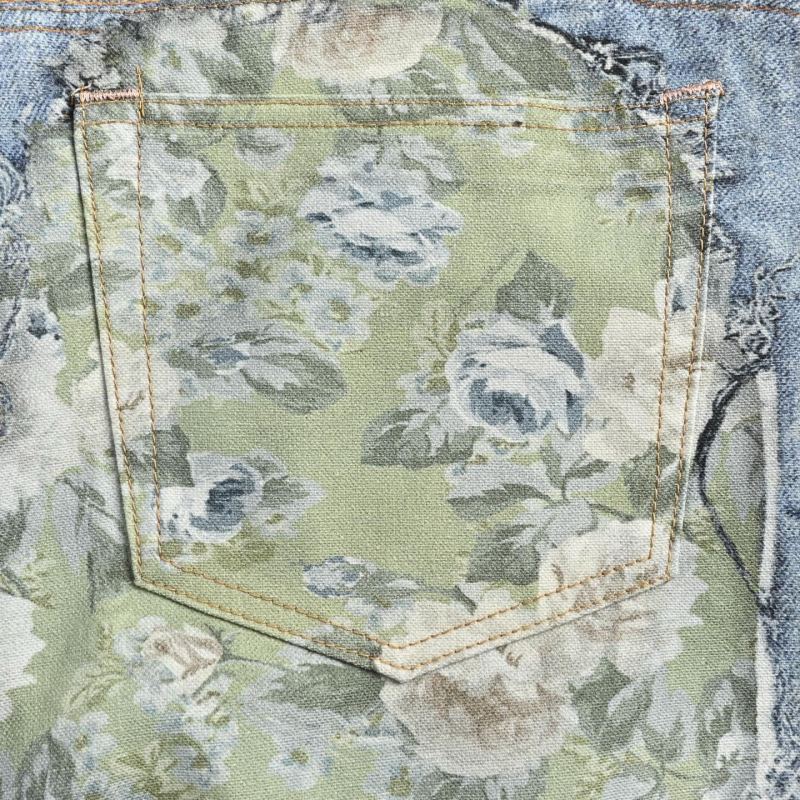 Distressed Denim Shorts with Camo Patchwork - Blue view