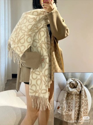 Loewe Anagram Double-Sided Wool Mohair Fringe Scarf Cream