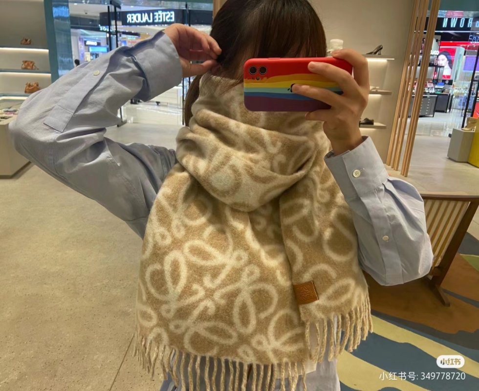 Loewe Anagram Double-Sided Wool Mohair Fringe Scarf Cream view