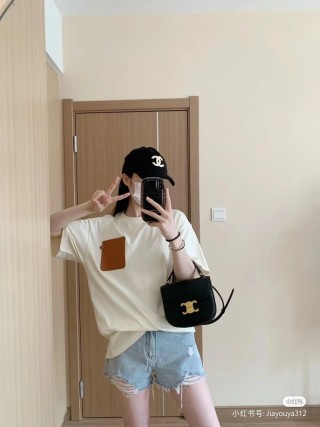 Cream Crewneck T-Shirt with Textured Leather Pocket view 2