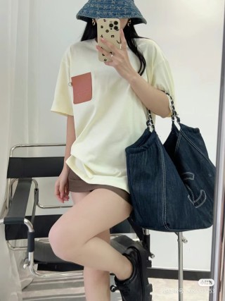 Cream Crewneck T-Shirt with Textured Leather Pocket view 3