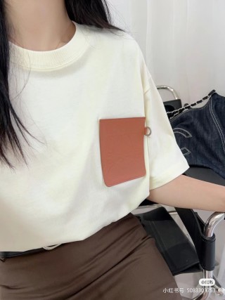 Cream Crewneck T-Shirt with Textured Leather Pocket view 5