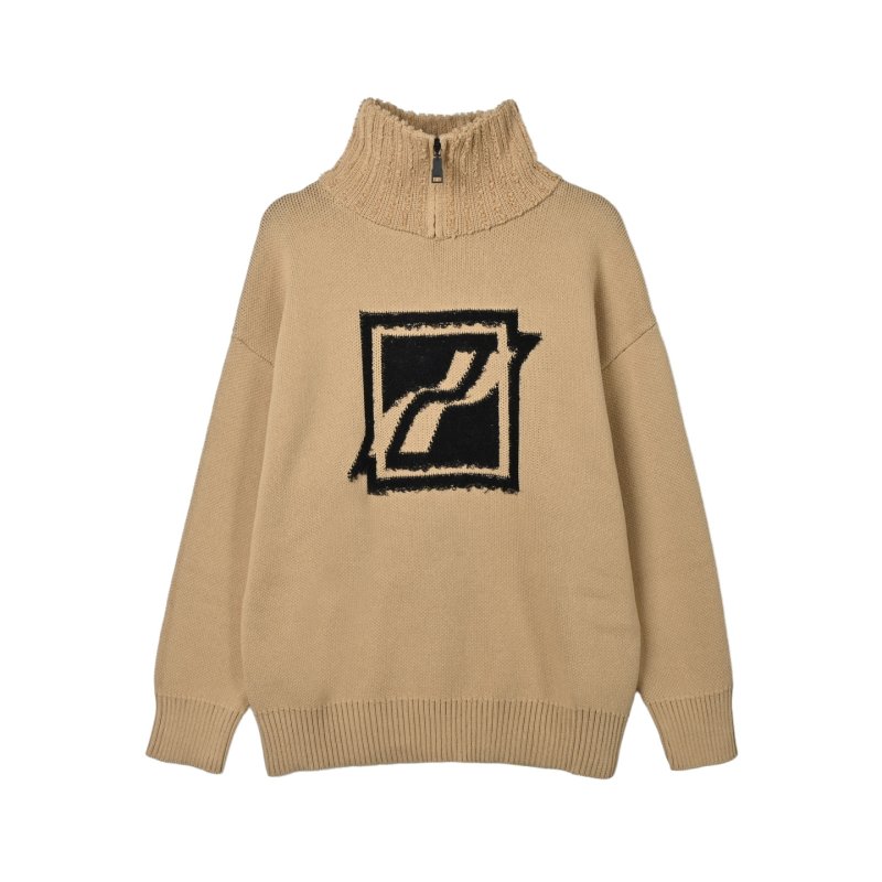 Beige Ribbed Cardigan with Black Geometric Intarsia view